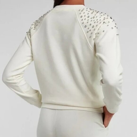 Express Womens Sz L Neutral Rhinestone Embellished Crew Neck Fleece Sweatshirt - Picture 6 of 10